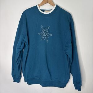 90's Style Grandma Sweatshirt Snowflake Rhinestone Blue M&C Sportswear Women XL